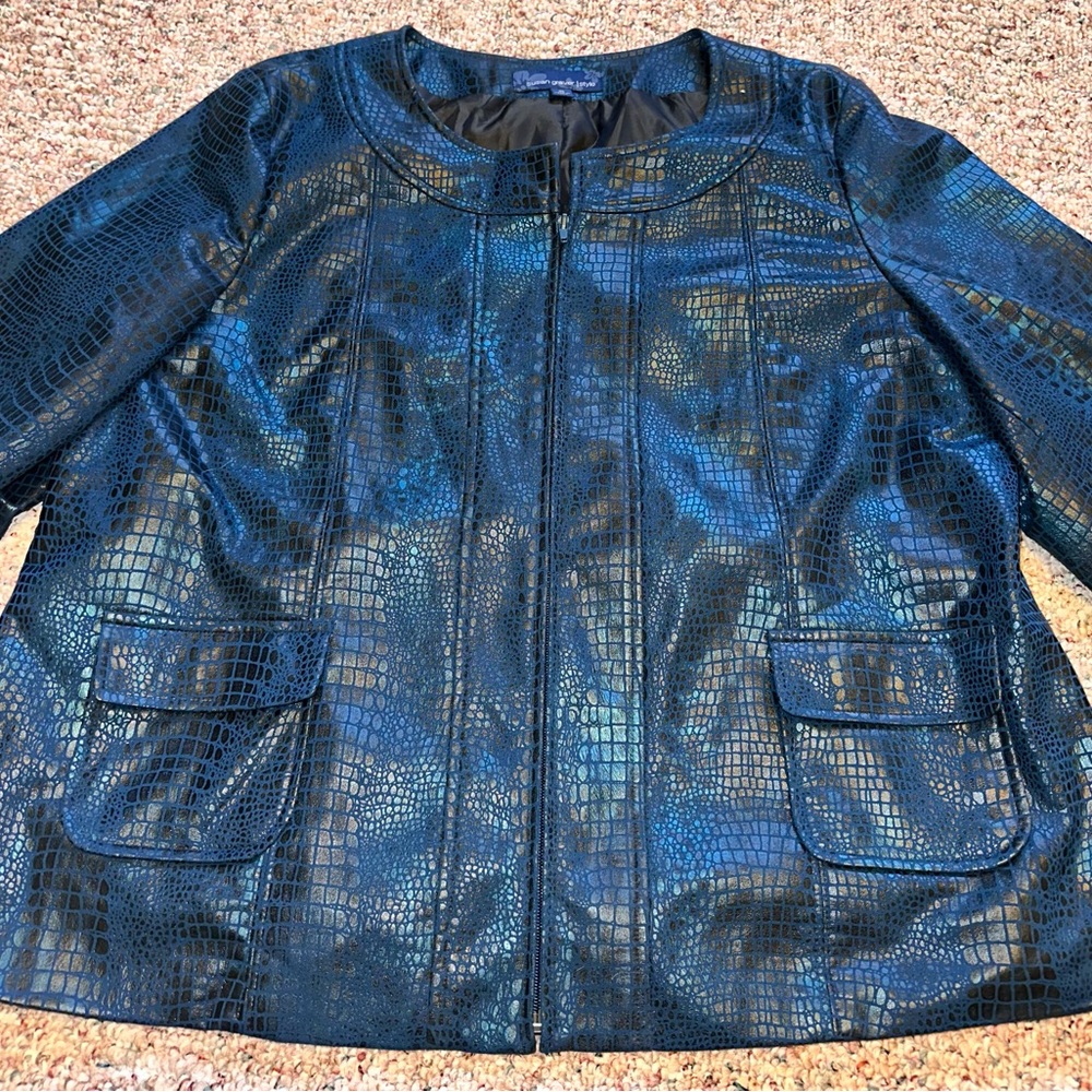 SUSAN GRAVER Teal Reptile Faux Leather Zip Up Jacket Flap Pockets Lined Size XL